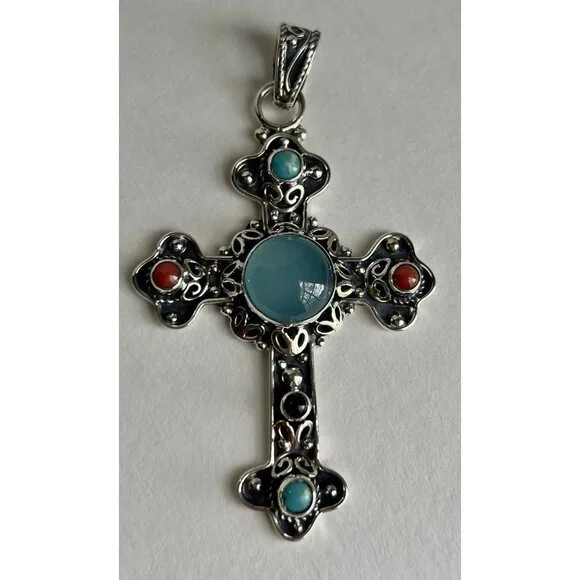 Handcrafted Agate Cut Gemstone Cross 925 Sterling Silver - Picture 12 of 16